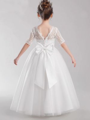 White Elegant Flower Girl Dress Lace Tulle Half Sleeves Princess Bow Birthday Concert Floor-length Junior Bridesmaid Gown