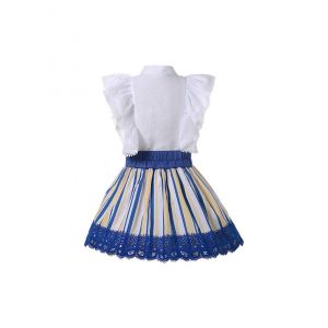 (UK ONLY)Girls White Shirt + Blue Lace Skirt 2-Piece Summer Clothes Set