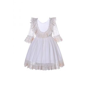 (PRE-ORDER)Girls White Half Sleeves Lace Tulle Dress with Blue Flower Sash
