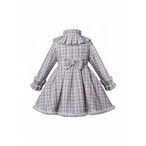 (Pre-order) Girls White Cotton Tweed Bows Coat with Fur Trim