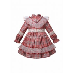 (Pre-order)Girls Red & Ivory Checked Dress + Handmade Headband