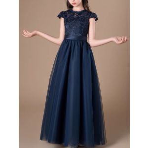 Princess Scoop Floor-Length Lace/Tulle Flower Girl Dress Navy Blue Ball-Gown