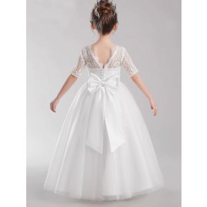 White Elegant Flower Girl Dress Lace Tulle Half Sleeves Princess Bow Birthday Concert Floor-length Junior Bridesmaid Gown