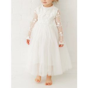 Long Sleeve Lace Flower Girl White Tulle Wedding Bohemian Lace Dress Boho Christening Gown Baptism Dress