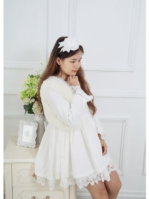 3 Pieces White Lace Corduroy Cotton Girls Autumn Dress + Faux Fur Vest + Handmade Headband