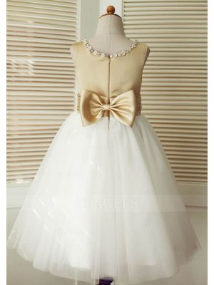 Champagne Satin Ivory Tulle Wedding Flower Girl Dress