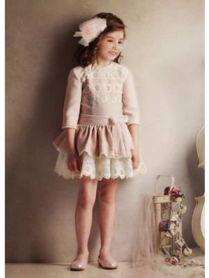 Light Pink Girls Autumn Dress With White Layered Lace + Hand Headband