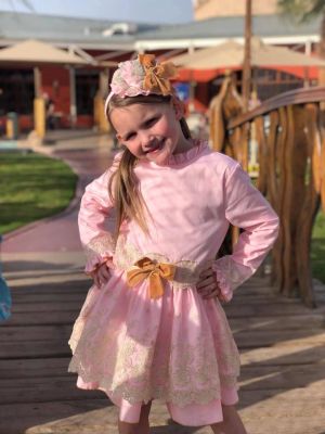 (Only 3Y 5Y)Newest Baby Girl Party Dress With Pink Headband Long Sleeve Lace Dress