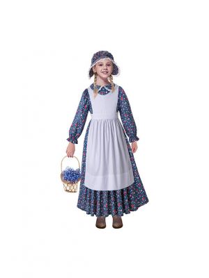 Girls Blue Prairie Costume Pioneer Dress With Flower Printed