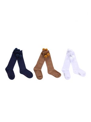 3 Pairs Girls Keen-length Pom Pom Socks(White, Camel, Navy Blue )