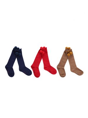 3 Pairs Girls Keen-length Pom Pom Socks(Red, Camel, Navy Blue)