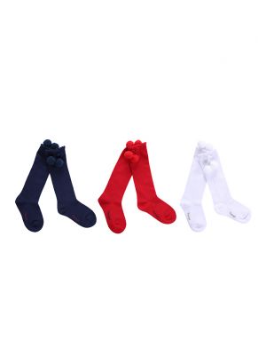 3 Pairs Girls Keen-length Pom Pom Socks(White, Red, Navy Blue)