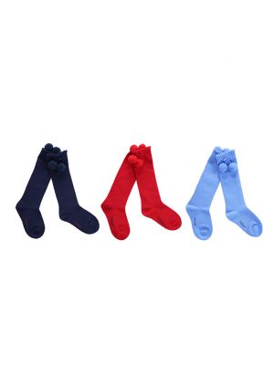 3 Pairs Girls Keen-length Pom Pom Socks(Light Blue, Red, Navy Blue)