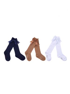 3 Pairs Bow-knot Knee-length Girls Socks(Nvay Blue, White, Camel)
