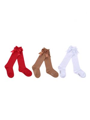 3 Pairs Bow-knot Knee-length Girls Socks(Red, White, Camel)