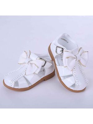 White Fashion Microfiber Leather Girls Sandals Shoes With Handmade Bow-knot