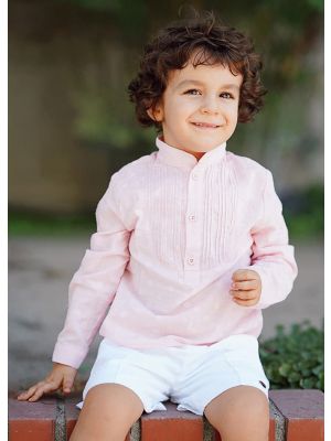 (ONLY 8Y) Pink Boys Clothing Set Stand Collar With Pleated Shirt And white Shorts Kids Clothes