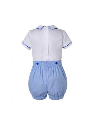 Boys Summer Blue Smocked Outfits White Top + Blue Shorts