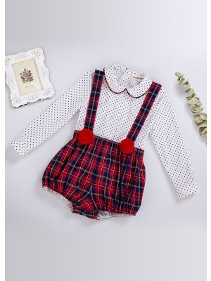 (ONLY 6-9M) Party Boys Clothing Set White Polka Dot Shirt + Red Grid Strap Shorts