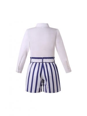Boys White Long Sleeve Top + Blue White Striped Shorts