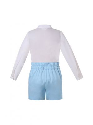 2 Pieces Boys Kids Clothing Set White Long Sleeves Shirt + Blue Shorts