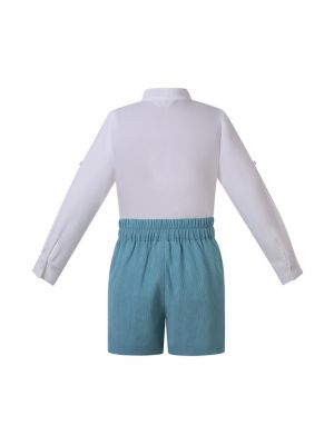 (PRE-ORDER)2 Pieces Boys White Shirt with Lace detailed + Sky Blue Shorts