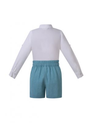 2 Pieces Boys White Shirt with Lace detailed + Sky Blue Shorts