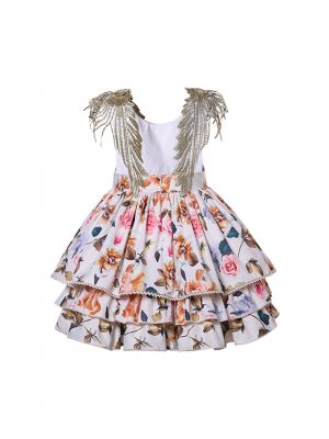 (Only size 3 left)Champagne Bow Floral Ruffle Dress + Handmade Headband