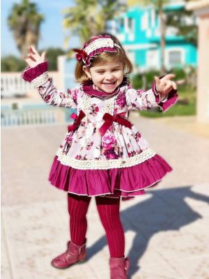 (Only 10Y)Flower Printed Girl Red Dress With Headwear