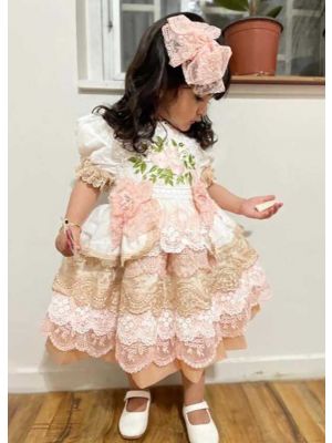 (ONLY 10Y)Luxury Dress Excellent Lace Bowknot Embroidered Puff Sleeve