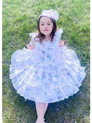 Summer Girls Light Pink V-neck Dress with Blue Flower Patterns Lace Bows + Handmade Headband