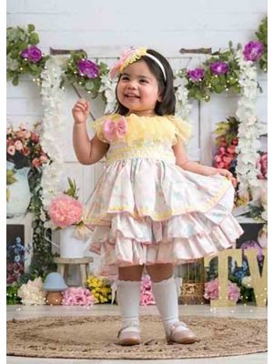 Pink Print Double-layered Bows Girls Yellow Dress + Headband