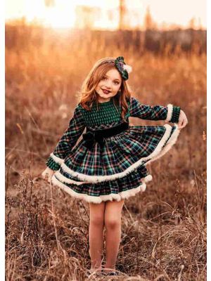 Girls Gorgeous Green Check Fluff Layered Autumn Dress + Handmade Headband