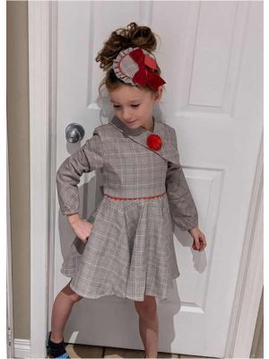 Girls Vintage Grey Tartan Asymmetrical Boutique Kids Dress With Red Flower + Hand Headband