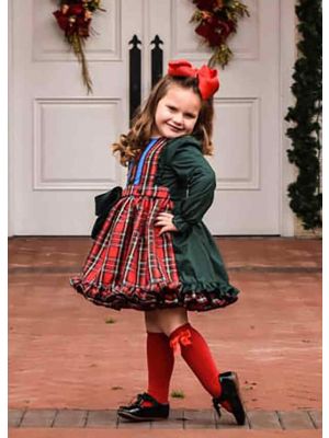 Winter Girls  Ruffle Plaid  Dress with Green Bows