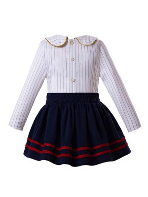 Striped England Style Clothing Sets Blouse + Royal Blue Skirt