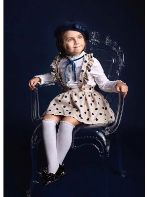 (ONLY 5Y Left) Girls Long Sleeve White Blouse With Blue Dot Khaki Skirt