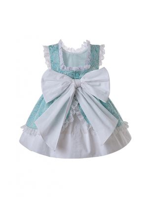 3 Pieces Mint Green Slubbed Cotton Jacquard Baby Dress  +  Bloomers  + Bonnet