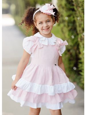 3 pieces Girls Pink Clothing Set White Blouse + Pink Layered Dress + Handmade Headband