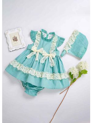 3 Pieces Baby Lace Bows Mint Green Dress + Bloomers + Bonnet