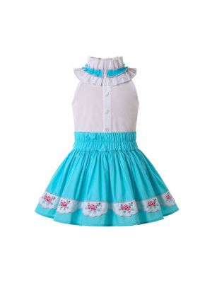 Classical Girls Outfits Irregular Collar White Shirt and Blue Print Skirt + Headband