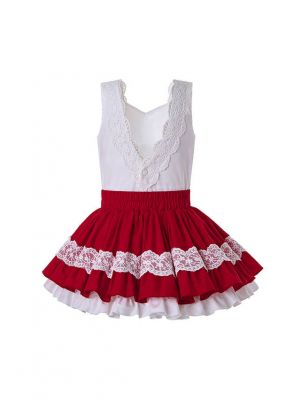 (Only Size 10&12Y)Summer Girls Clothing Set Red Lace Shirt + Red Princess Skirt +Hand Headband