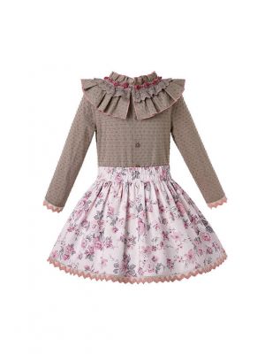 Autumn Girls Bow Children Brown Dot Blouse + Flower Print Skirt Girl Clothing Set + Hand Headband 