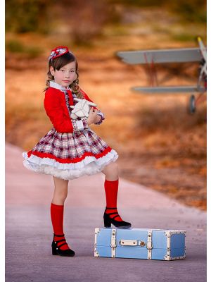 3 Pieces Girl Autumn Red Cut-Flower Cotton Top + Plaid Ruffle Skirt + Handmade Headband