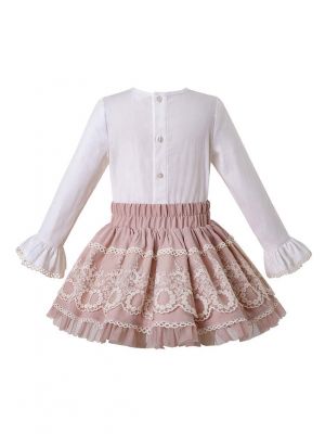 3 Pieces Girls Autumn Light Pink Cotton Top + Elegant Lace Skirt + Hand Headband