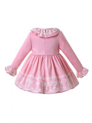 3 Pieces Babies Pink Knit Fluffy Autumn Birthday Party Lace Dress + Bloomers + Cute Bonnet