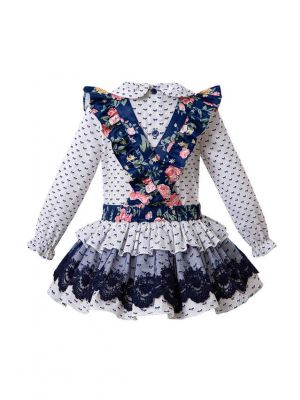 3 Pieces Babies Doll Collar Outfits + Floral Embroidery Lace Ruffled Dress + Hand Headband