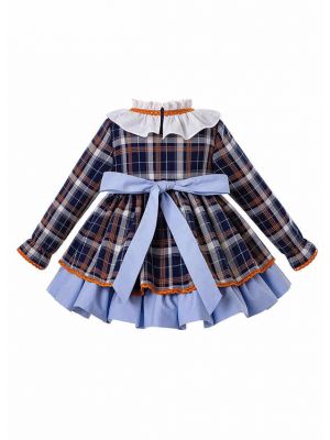 (Only Size 6-12M) 3 Pieces Babies   Blue Grid Autumn Dress + Bloomers + Hat