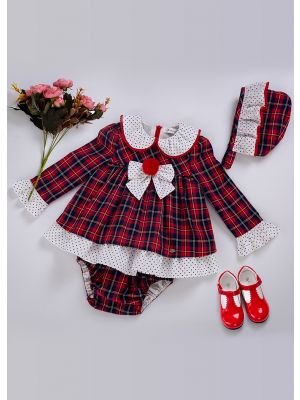 (Only Size 9-18M) 3 Pieces Babies Red Babies Doll Collar Grid Dress + Bloomers + Bonnet