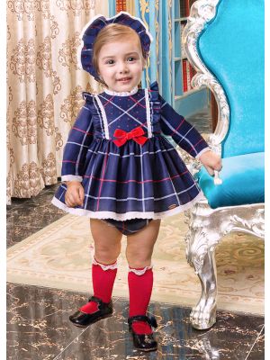 3 Pieces Autumn Babies Blue Ruffle Grid Bow Infant  Dress +  Bloomers + Bonnet